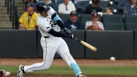 Tampa Bay Rays catcher Nick Fortes (40) singles during the second inning against the Cleveland Guardians at George M. Steinbrenner Field.