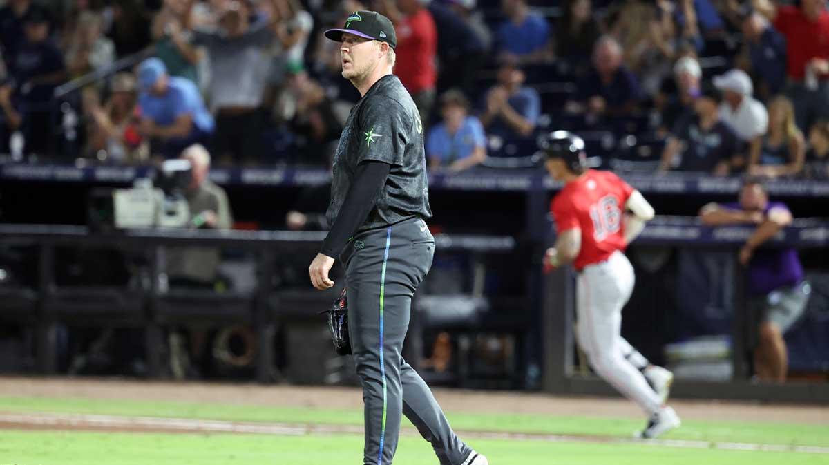 Rays pitcher Garrett Cleavinger (60) reacts