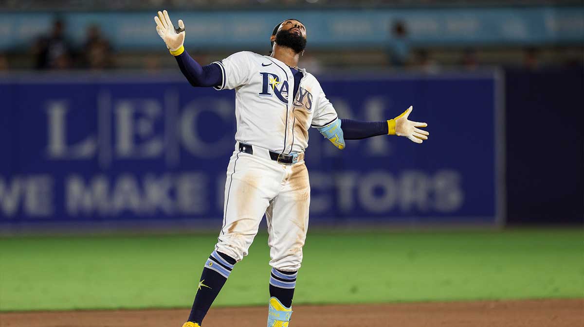 Tampa Bay Rays third baseman Junior Caminero (13) reacts after hitting a double against the Seattle Mariners in the sixth inning at George M. Steinbrenner Field.