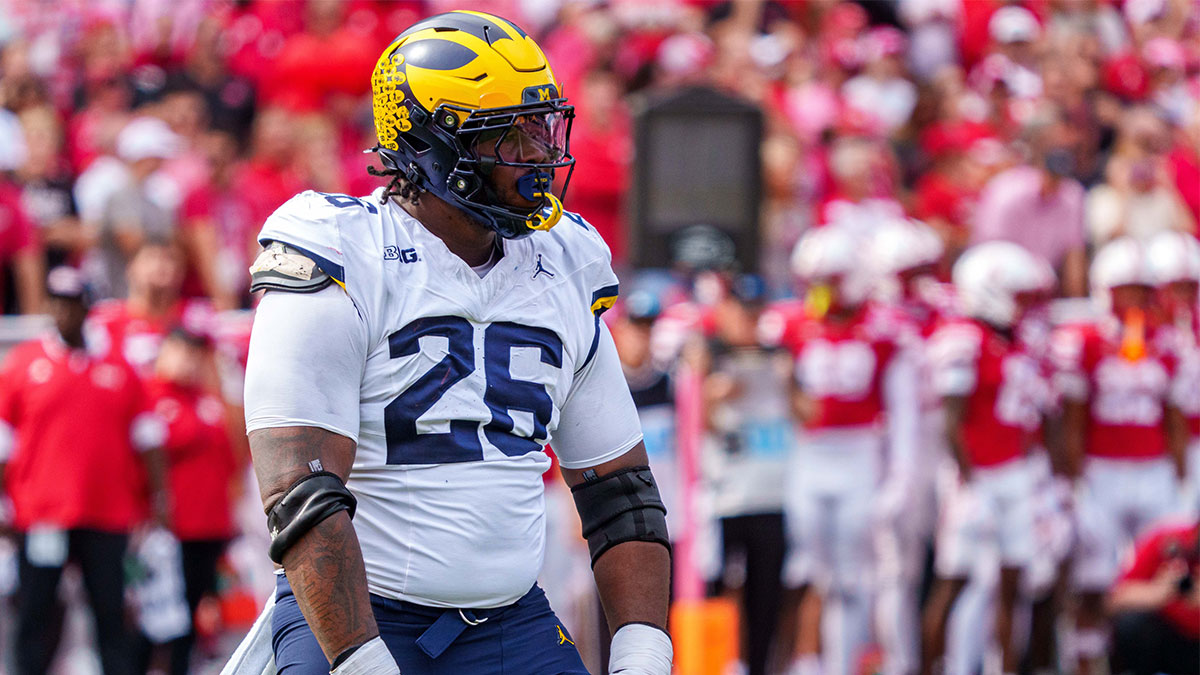 Michigan Wolverines defensive lineman Rayshaun Benny (26) reacts after a sack against the Nebraska Cornhuskers during the second quarter at Memorial Stadium.