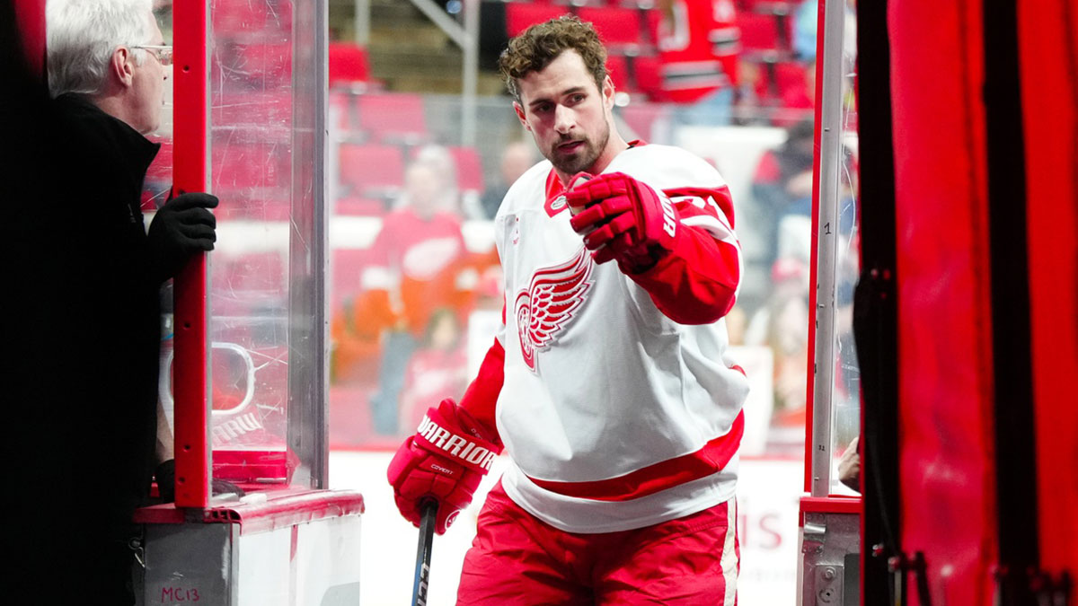 Detroit Red Wings center Dylan Larkin (71) comes off the ice after the warmups before the game against the Carolina Hurricanes at Lenovo Center.