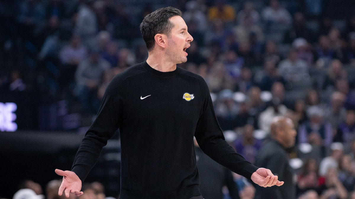 Los Angeles Lakers head coach JJ Reddick argues a call during the second quarter of the game against the Sacramento Kings at Golden 1 Center.