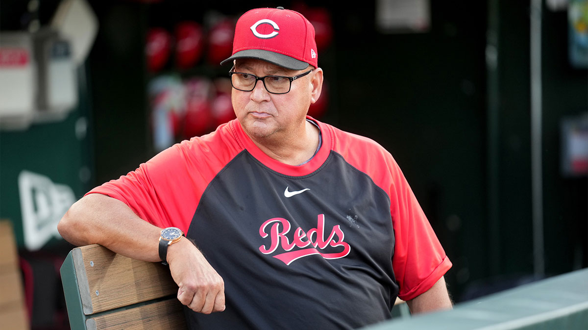 Cincinnati Reds manager Terry Francona (77) sits in the dugout before the start of the game against the Athletics at Sutter Health Park.