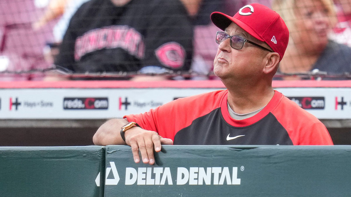Cincinnati Reds manager Terry Francona looks on from the dugout in the ninth inning of the MLB National League game between the Cincinnati Reds and the Pittsburgh Pirates at Great American Ball Park