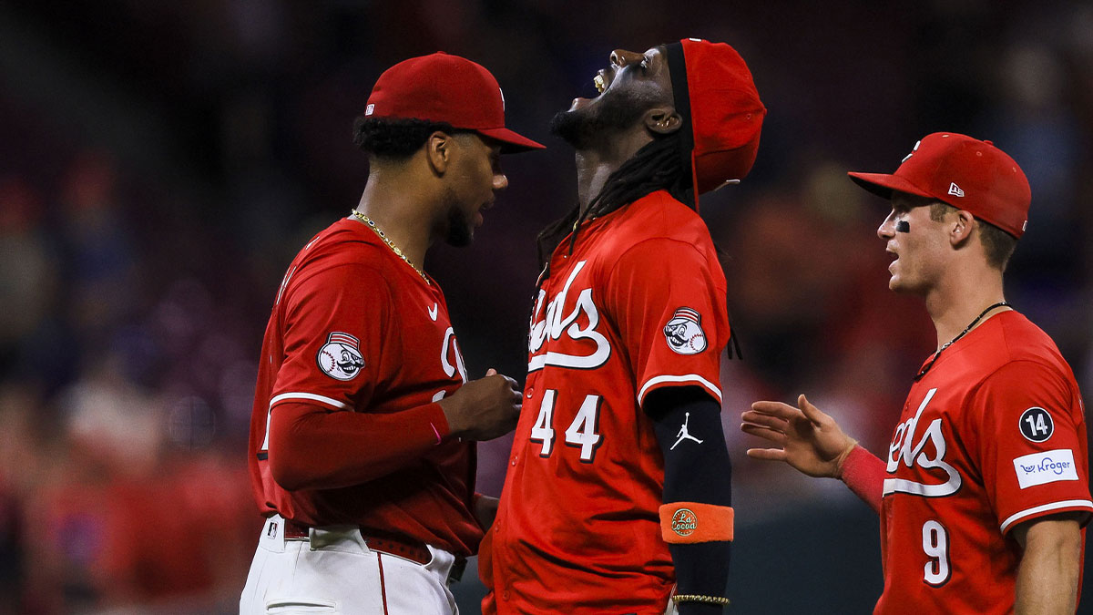 Cincinnati Reds shortstop Elly De La Cruz (44) reacts after the victory over the Chicago Cubs at Great American Ball Park.
