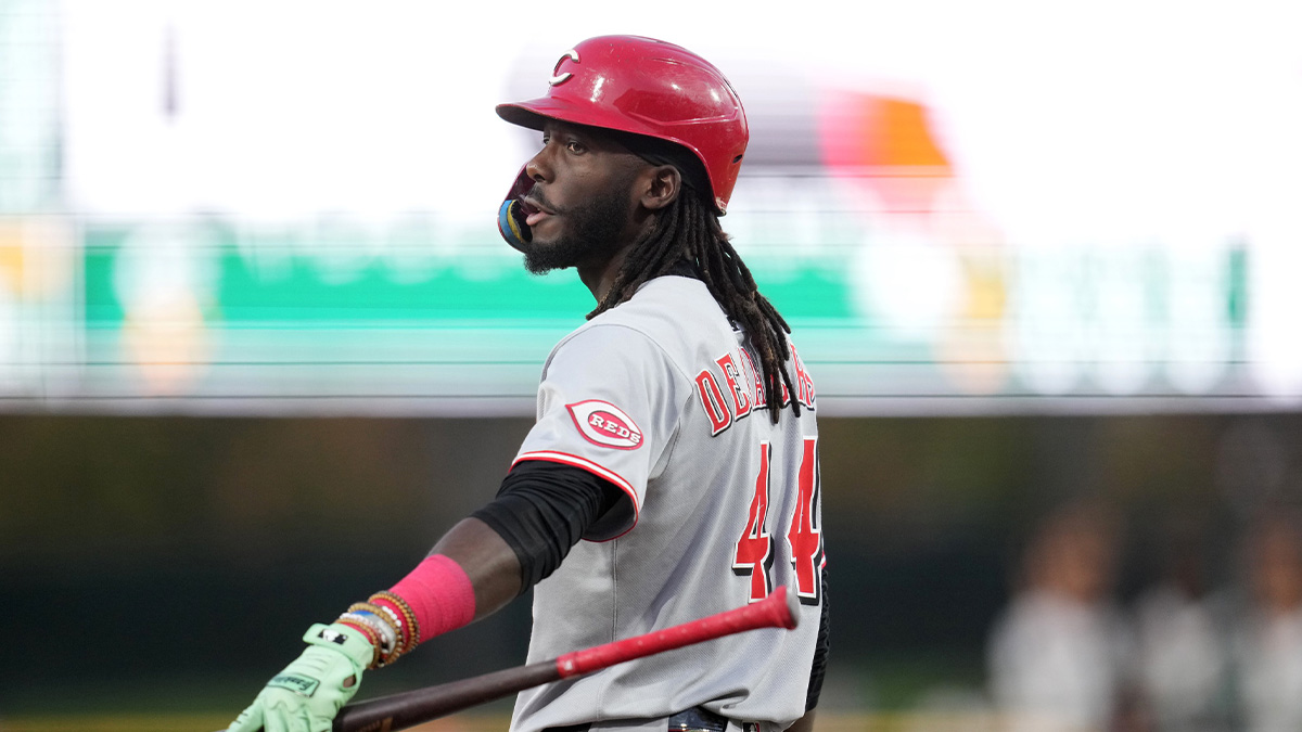 Cincinnati Reds shortstop Elly De La Cruz (44) walks towards home plate against the Athletics in the first inning at Sutter Health Park.