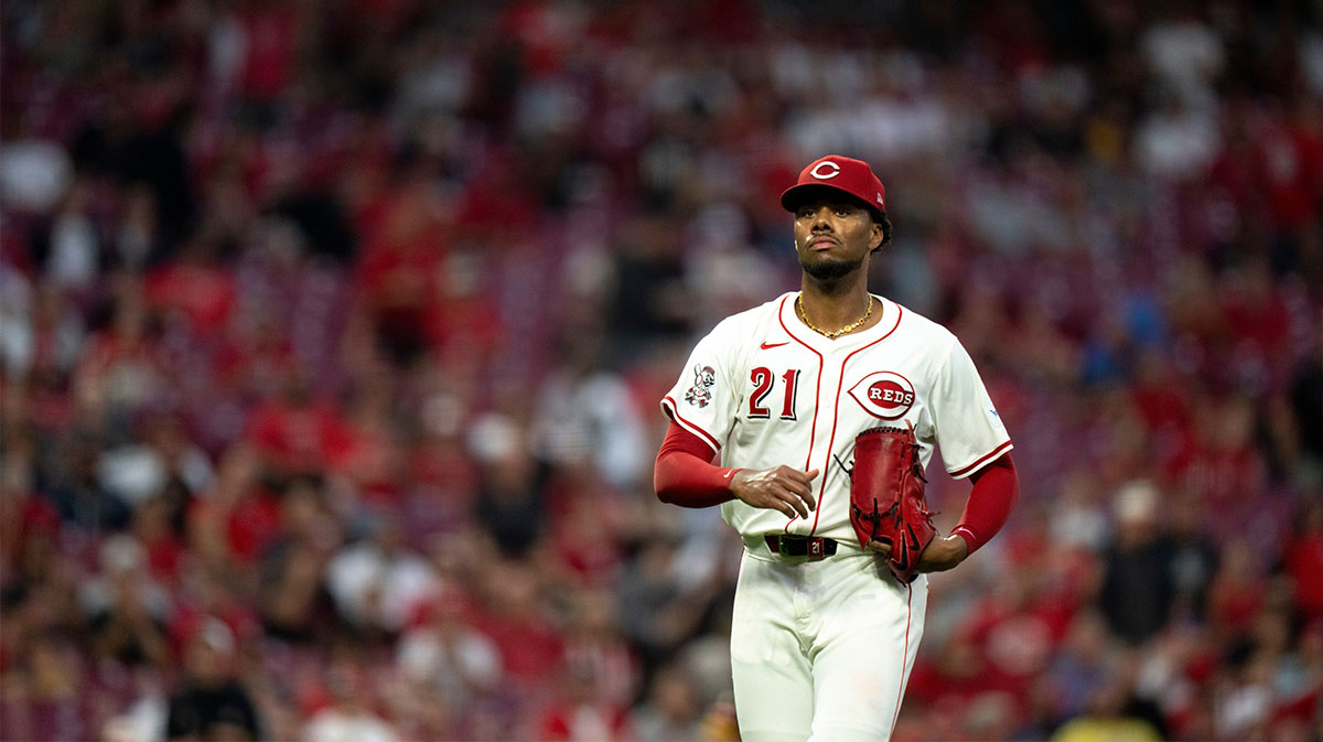 Cincinnati Reds pitcher Hunter Greene (21) walks back to the dugout after striking out a batter in the third inning between Cincinnati Reds and Pittsburg Pirates at Great American Ball Park in Cincinnati on Sept. 24, 2025.