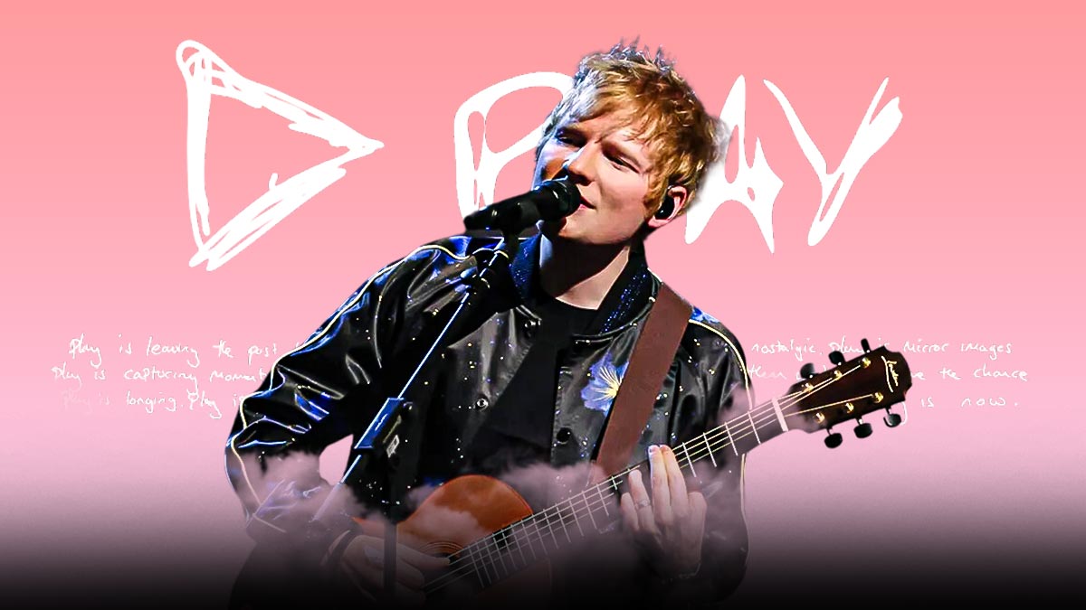 Ed Sheeran in front of the logo for his new pop album, Play.