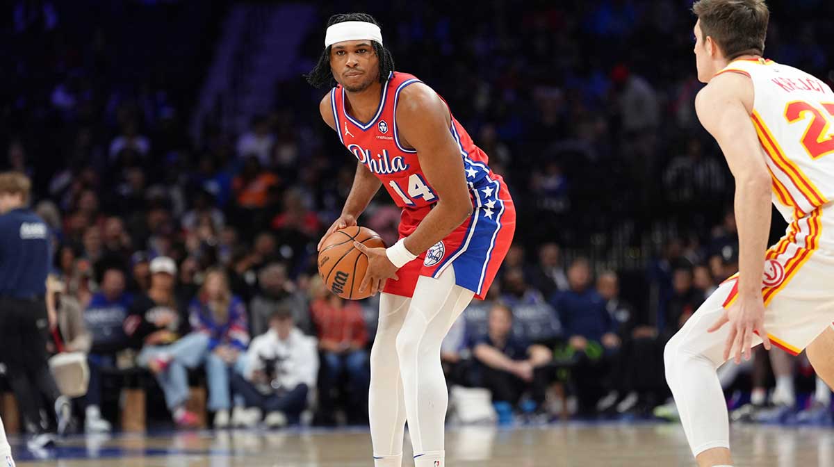 Philadelphia 76ers guard Ricky Council IV (14) controls the ball against the Atlanta Hawks in the third quarter at Wells Fargo Center.