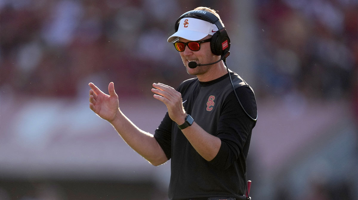 Southern California Trojans head coach Lincoln Riley watches from the sidelines against the Missouri State Bears in the first half at United Airlines Field at Los Angeles Memorial Coliseum.