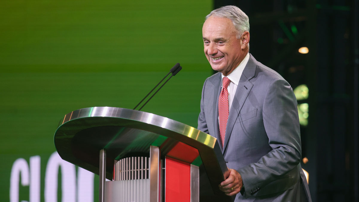 MLB Commissioner Rob Manfred announces the pick for the Athletics pick during the MLB Draft at The Coca-Cola Roxy.
