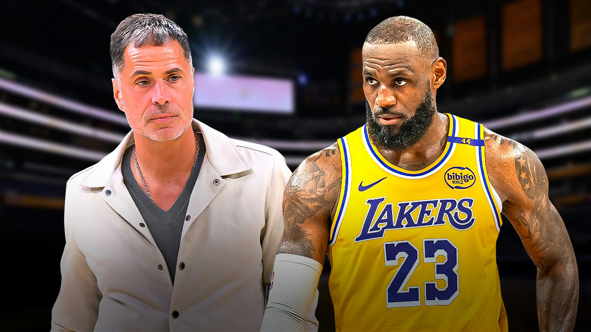 LeBron James and Rob Pelinka, Lakers logo in background