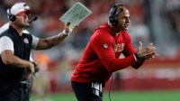 San Francisco 49ers defensive coordinator Robert Saleh celebrates after a play during the fourth quarter against the Los Angeles Chargers at Levi's Stadium.