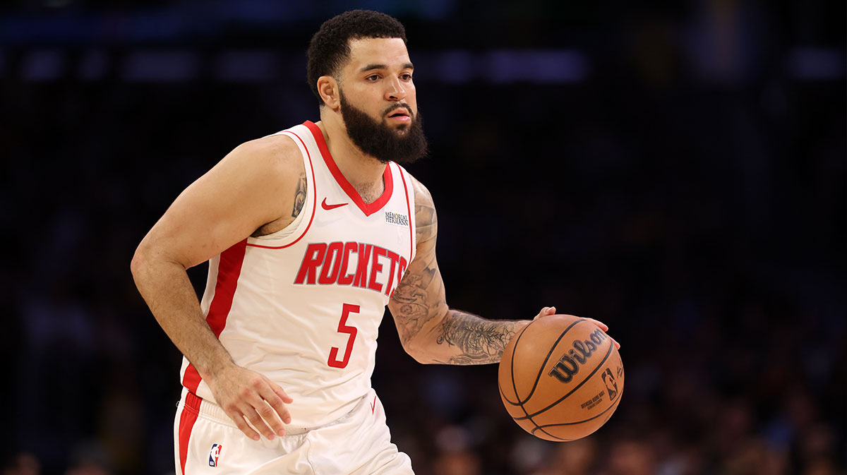 Houston Rockets guard Fred VanVleet (5) dribbles the ball during the third quarter against the Los Angeles Lakers at Crypto.com Arena.