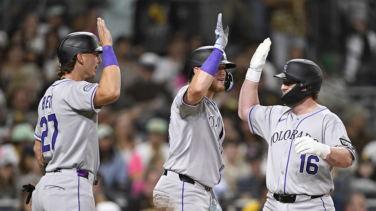 Colorado Rockies first baseman Blaine Crim (16) celebrates after hitting a three-run home run during the fourth inning against the San Diego Padres at Petco Park.