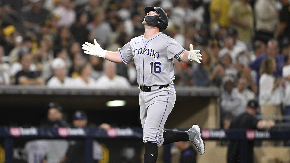 Colorado Rockies first baseman Blaine Crim (16) celebrates after hitting a three-run home run during the fourth inning against the San Diego Padres at Petco Park.