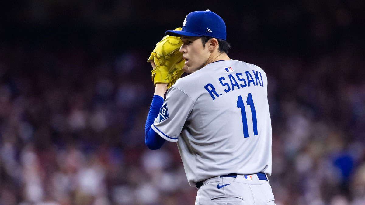 Detailed view of the jersey of Los Angeles Dodgers pitcher Roki Sasaki (11) against the Arizona Diamondbacks at Chase Field.