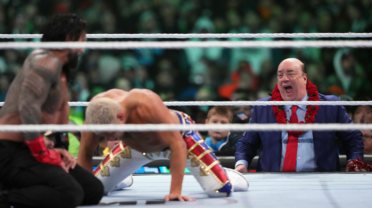 Roman Reigns, Cody Rhodes, and Paul Heyman at WWE WrestleMania 40.