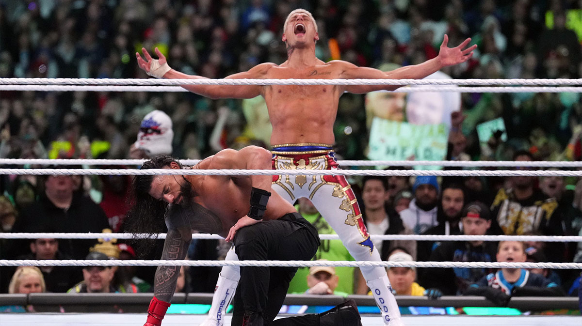 WWE stars Roman Reigns and Cody Rhodes at WrestleMania 40.
