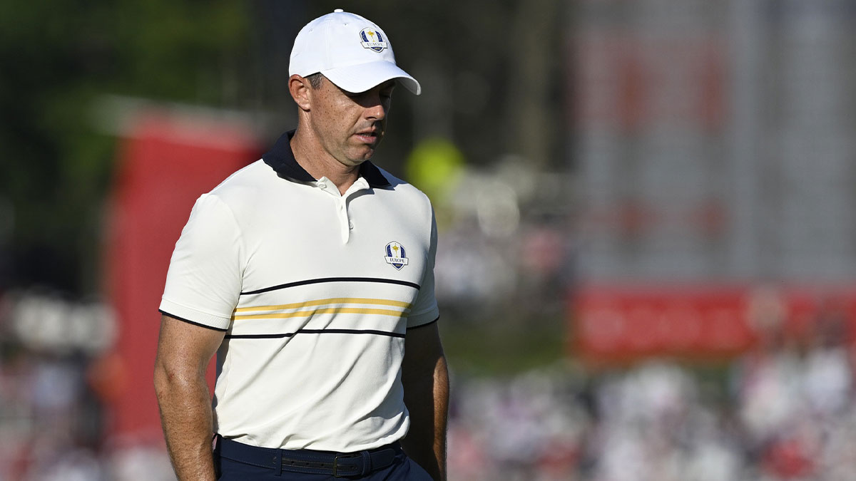 Team Europe golfer Rory McIlroy walks o the 18th hole on the final day of competition for the Ryder Cup at Bethpage Black.