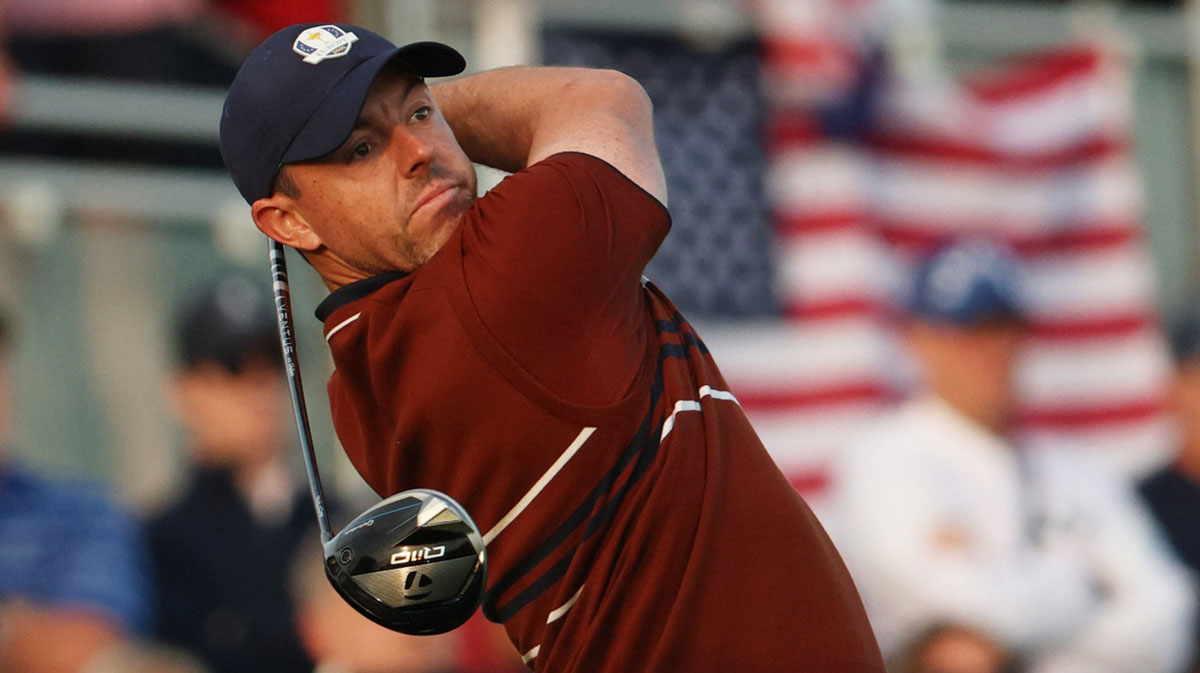 Team Europe golfer Rory McIlroy hits his tee shot on the 1st hole during the foursomes on the second day of competition for the Ryder Cup at Bethpage Black.