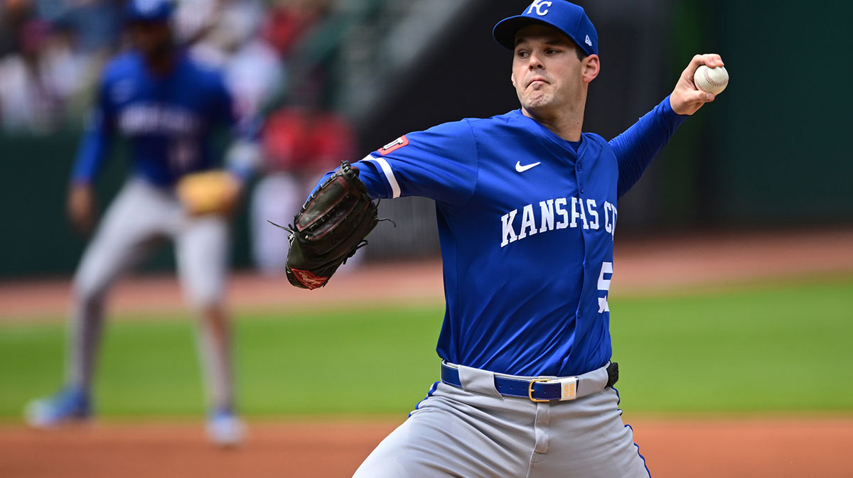 Kansas City Royals starting pitcher Cole Ragans (55) throws a pitch during the first inning against the Cleveland Guardians at Progressive Field.