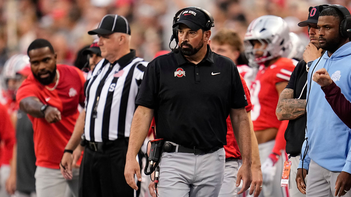 Ohio State Buckeyes head coach Ryan Day watches during the first half of the NCAA football game against the Ohio Bobcats at Ohio Stadium on Sept. 13, 2025.