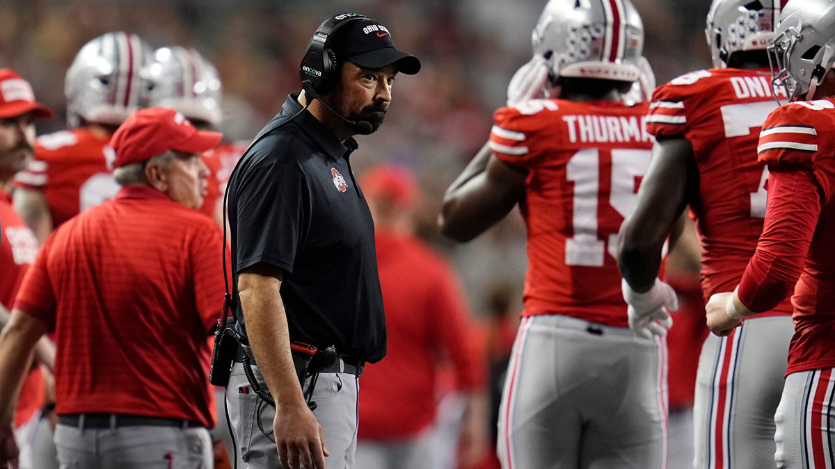 Ohio State Buckeyes head coach Ryan Day watches during the second half of the NCAA football game against the Ohio Bobcats at Ohio Stadium on Sept. 13, 2025. Ohio State won 37-9.