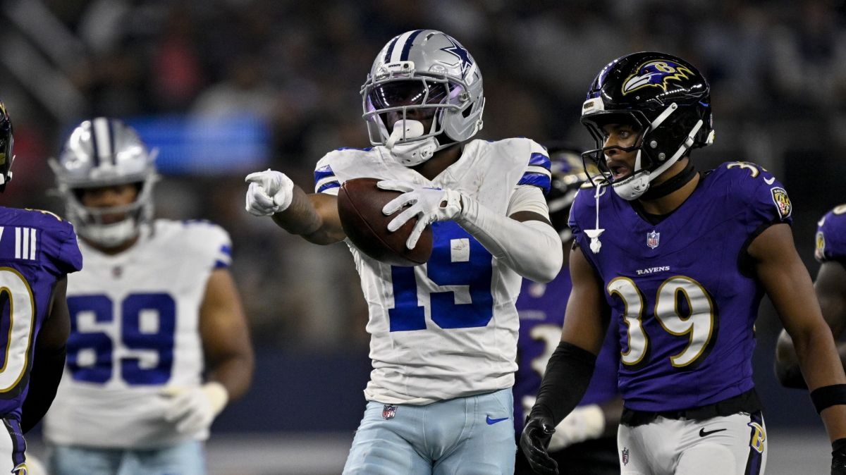 Dallas Cowboys wide receiver Ryan Flournoy (19) celebrates during the game between the Dallas Cowboys and the Baltimore Ravens at AT&T Stadium.