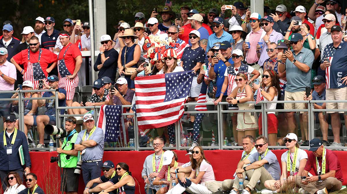 Team USA fans during the four-balls on the second day of competition for the Ryder Cup at Bethpage Black.