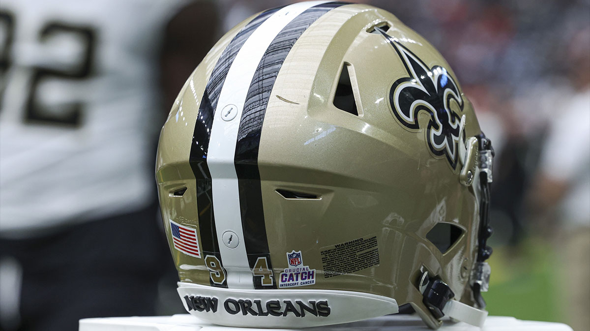 View of a Crucial Catch logo on the helmet of New Orleans Saints defensive end Cameron Jordan (94) before the game against the Houston Texans at NRG Stadium.
