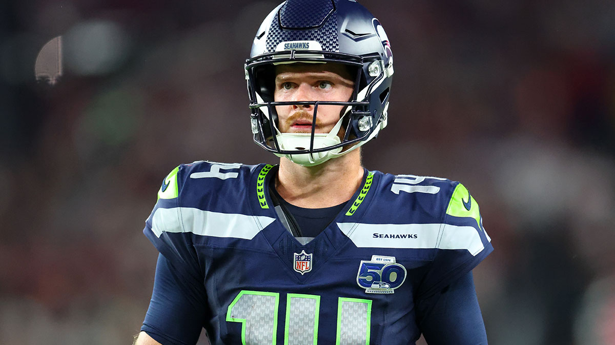 Seattle Seahawks quarterback Sam Darnold (14) looks on in the second half against the Arizona Cardinals at State Farm Stadium.