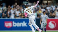 San Diego Padres third baseman Manny Machado (13) celebrates after hitting a one run home run during the third inning against the Colorado Rockies at Petco Park.