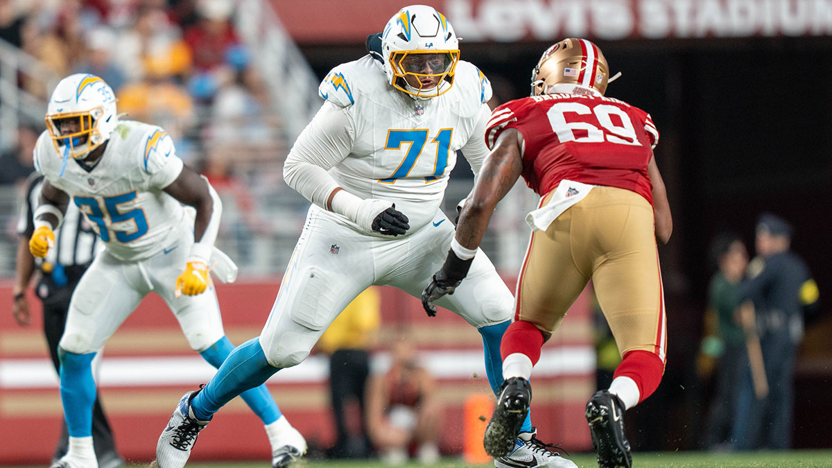 Los Angeles Chargers guard Branson Taylor (71) blocks San Francisco 49ers defensive end William Bradley-King (69) during the fourth quarter at Levi's Stadium.