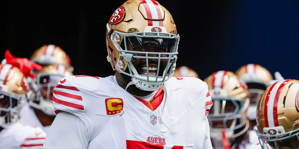 San Francisco 49ers offensive tackle Trent Williams (71) dances before player introductions against the Seattle Seahawks at Lumen Field.