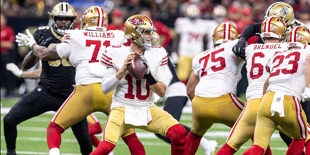 San Francisco 49ers quarterback Mac Jones (10) passes against the New Orleans Saints during the second half at Caesars Superdome.