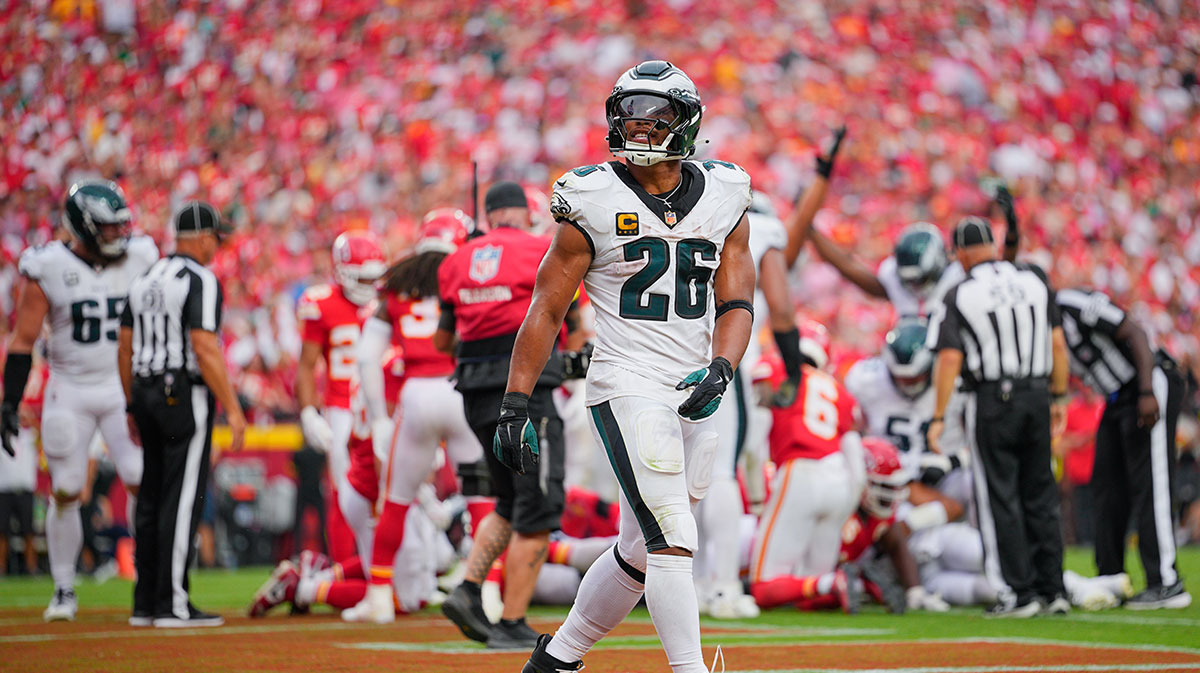 Philadelphia Eagles running back Saquon Barkley (26) celebrates after quarterback Jalen Hurts (not pictured) scored a touchdown against the Kansas City Chiefs during the fourth quarter of the game at GEHA Field at Arrowhead Stadium.