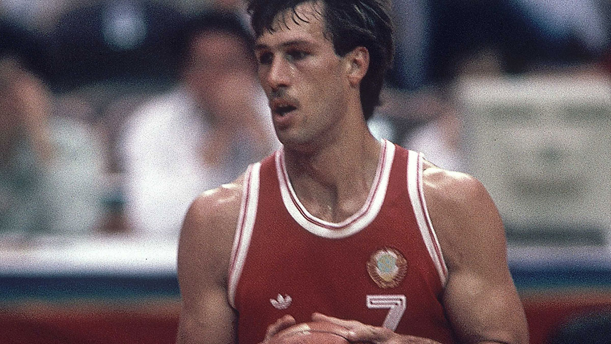 Sarunas Marciulionis (URS) (7) in action during the men's basketball tournament at the 1988 Seoul Olympic Games at Jamsil Gymnasium.