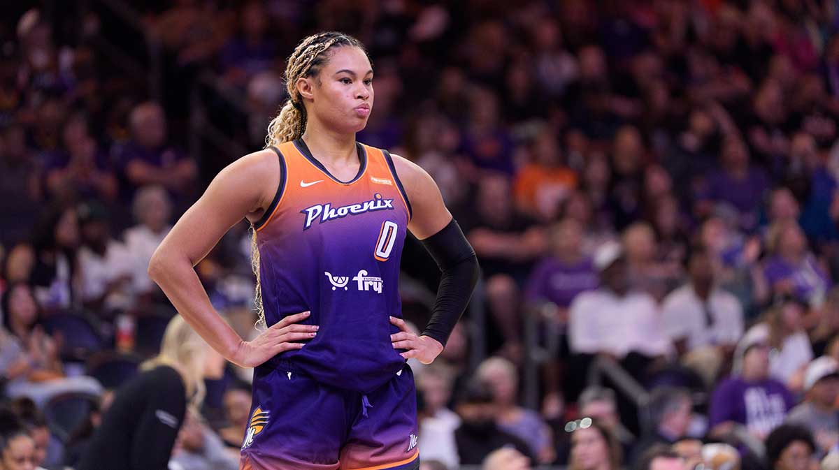 Phoenix Mercury forward Satou Sabally (0) reacts during overtime against the New York Liberty during game one of the 2025 WNBA Playoffs round one at PHX Arena.