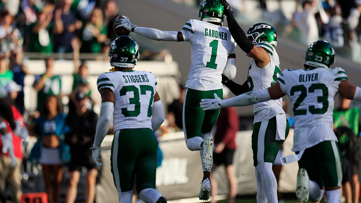 New York Jets cornerback Sauce Gardner (1) celebrates his interception to effectively seal the game during the fourth quarter Sunday, Dec. 15, 2024 at EverBank Stadium in Jacksonville, Fla. The Jets held off the Jaguars 32-25.