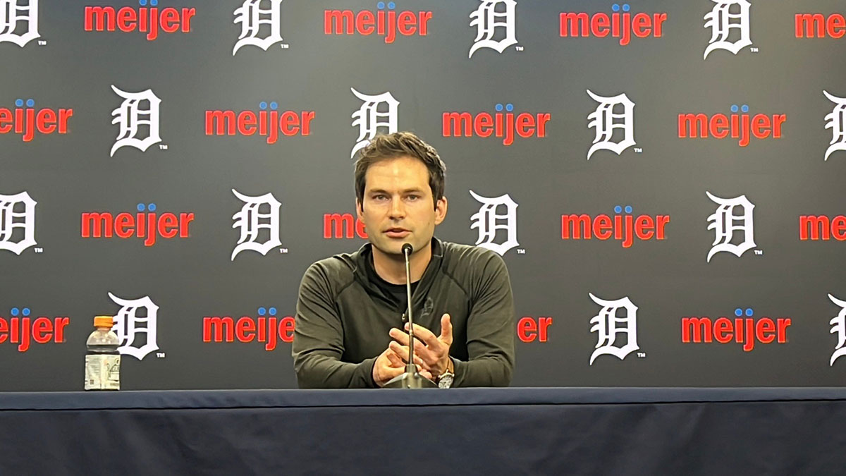 Detroit Tigers president of baseball operations Scott Harris talks to reporters about trading for starting pitcher Chris Paddack.