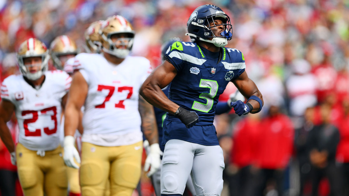 Seattle Seahawks safety Nick Emmanwori (3) reacts after a play during the first half against San Francisco 49ers at Lumen Field.