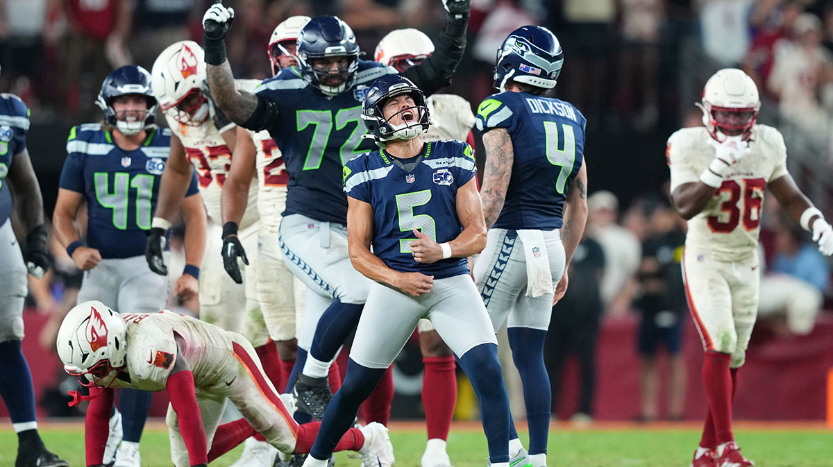 Seattle Seahawks place kicker Jason Myers (5) celebrates after kicking a game-winning field goal against the Arizona Cardinals at State Farm Stadium.