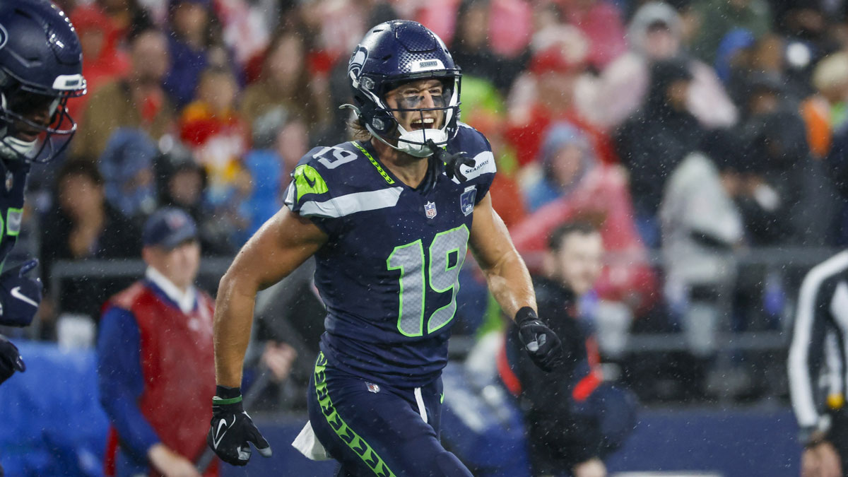 Seahawks wide receiver Jake Bobo (19) celebrates following his second touchdown catch against the Kansas City Chiefs during the second quarter at Lumen Field