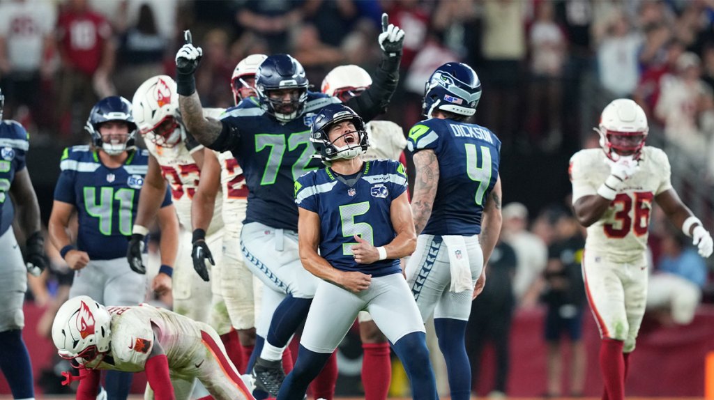 Seattle Seahawks place kicker Jason Myers (5) celebrates after kicking a game-winning field goal against the Arizona Cardinals at State Farm Stadium.
