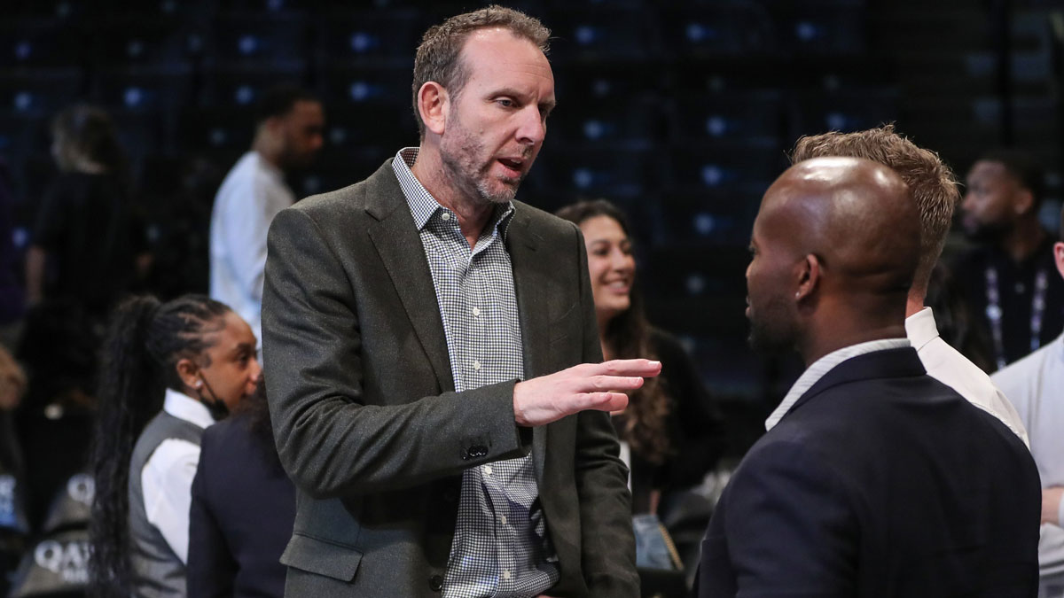 Brooklyn Nets General Manager Sean Marks speaks to a group of people prior to the game against the Atlanta Hawks at Barclays Center.