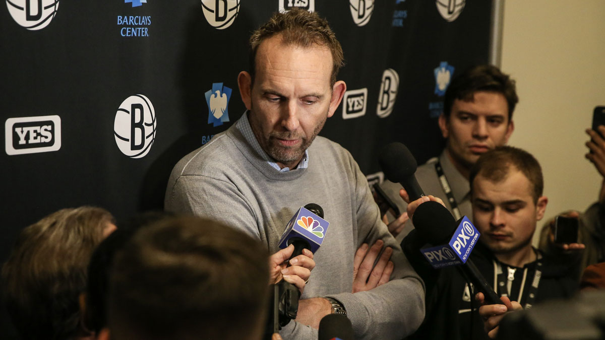 Brooklyn Nets General Manager Sean Marks addresses the media prior to the game against the Chicago Bulls at Barclays Center.