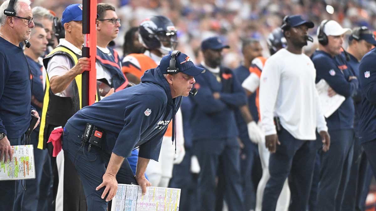 Denver Broncos head coach Sean Payton looks on during the second quarter against the Indianapolis Colts at Lucas Oil Stadium.