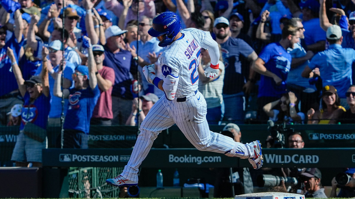 Chicago Cubs outfielder Seiya Suzuki (27) rounds the bases after hitting a solo home run in the fifth inning against the San Diego Padres during game one of the Wildcard round for the 2025 MLB playoffs at Wrigley Field.