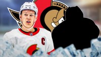 Brady Tkachuk with a mystery player and the Senators logo in the background.